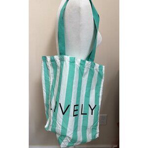 Lively Medium Green and White Stripe Canvas Shoulder Tote Bag 13X14